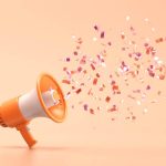 Orange megaphone with shiny confetti on a orange background. 3d illustration