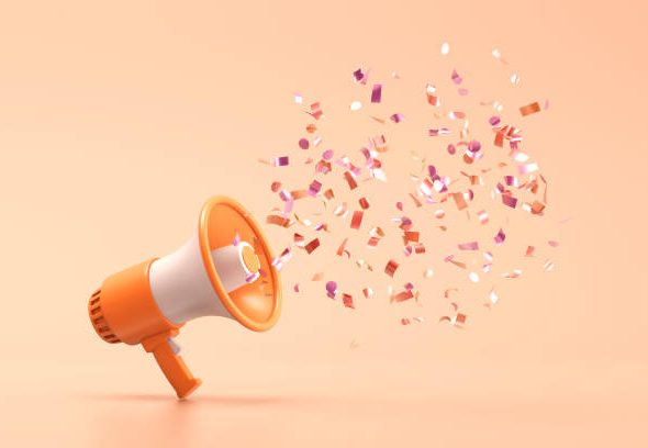 Orange megaphone with shiny confetti on a orange background. 3d illustration