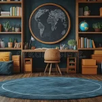cozy-home-study-room-bookshelves-desk-world-map-comfy-seating-cozy-home-study-room-bookshelves-desk-world-map-352030399