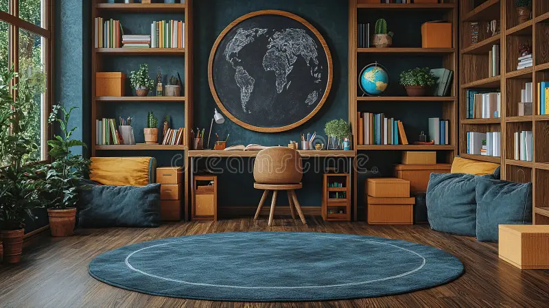 cozy-home-study-room-bookshelves-desk-world-map-comfy-seating-cozy-home-study-room-bookshelves-desk-world-map-352030399