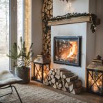 Cozy living room winter interior with fireplace.