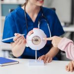 Female Caucasian ophthalmologist explains about eye diseases using the eye model with an Asian female patient At the table in the hospital examination room, Glaucoma, Cataract, Diabetic Retinopathy